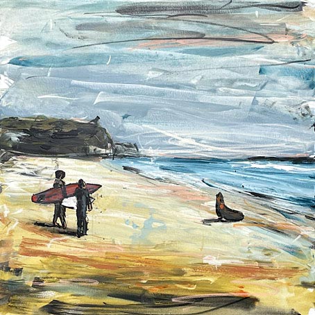 Christian Nicolson nz contemporary artist, Surfer and Seal, Acrylic on Canvas
